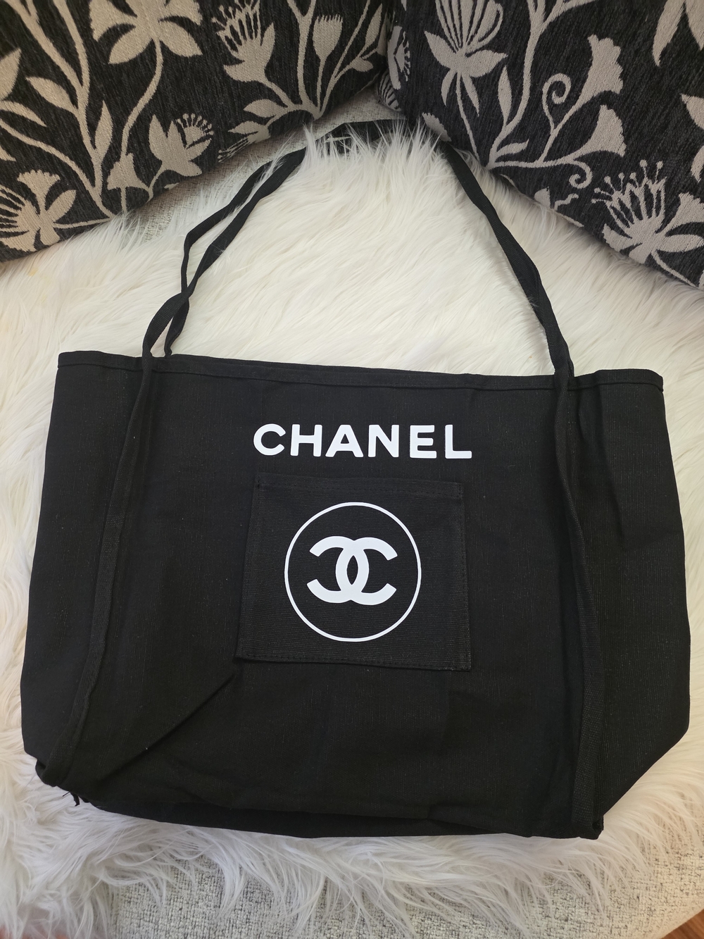 Black Canvas Tote Bag with White Print - Picture 5 of 9